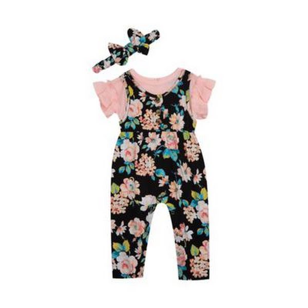 Rare Editions Black Baby Girls Floral Jumpsuit with Headband, Size 3-6Months
