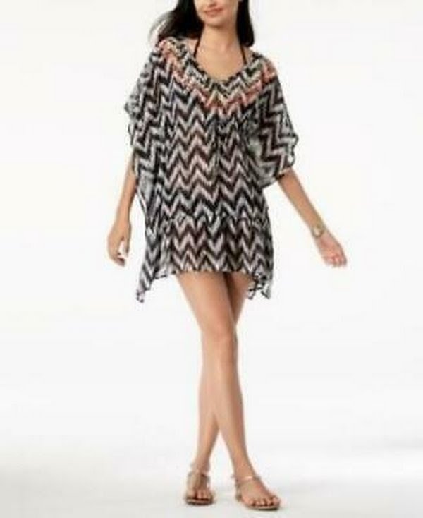 Miken Womens Embroidered V-Back Ruffled Tunic Dress Swim Cover-Up , Medium