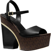 Michael Kors Lana Logo and Leather Wedge Sandal – Blk/Brown, Size 8