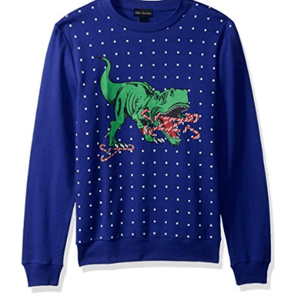 Alex Stevens Mens Candy Cane T-rex Ugly Christmas Sweater