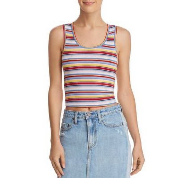 Aqua Rainbow-Stripe Cropped Tank, Round Neck Racerback, Size Small