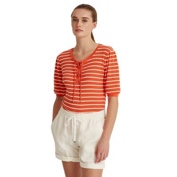 Ralph Lauren Womens Top Waffle-Knit Striped Puff-Sleeve Lace Up Neck, Size L