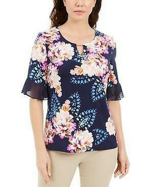 Jm Collection Printed Ruffle-Cuff Top Intrepid Blue Combo, Size PL