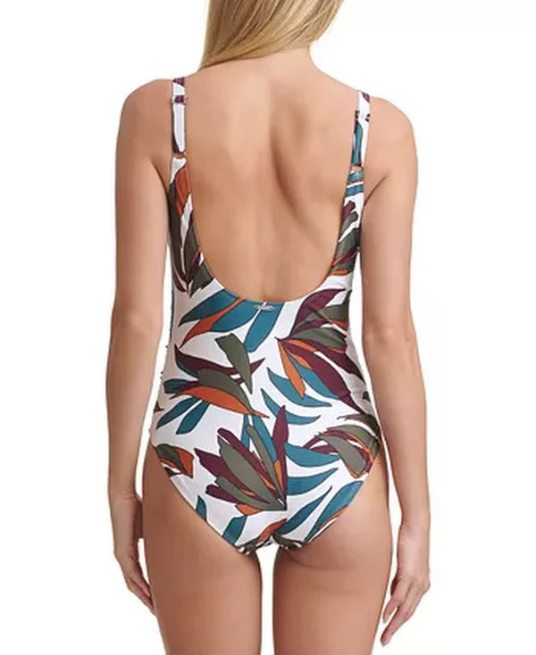 DKNY Womens Swim Ring-Detail Printed Classic One-Piece