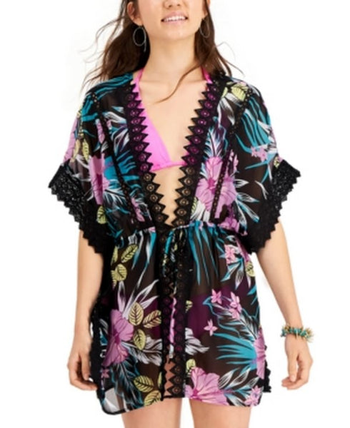 Miken Womens Black Floral Lace-Inset Tie-Front Kimono Swimsuit Cover-Up, XL