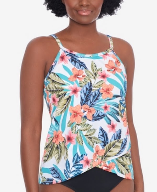 Swim Solutions Printed High-Neck Overlap-Hem Tankini Top