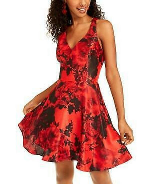 City Studio Dress Red Junior a-Line Satin Floral, Size 1