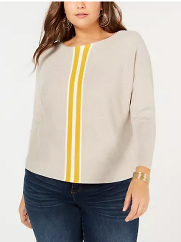 I.n.c. Plus Size Varsity-Orange-Striped Sweater, Size 3X