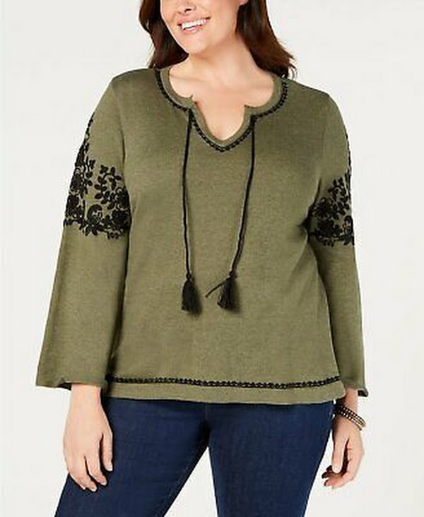 Style & Co Plus Size Embroidered Peasant Sweater, Size 3X