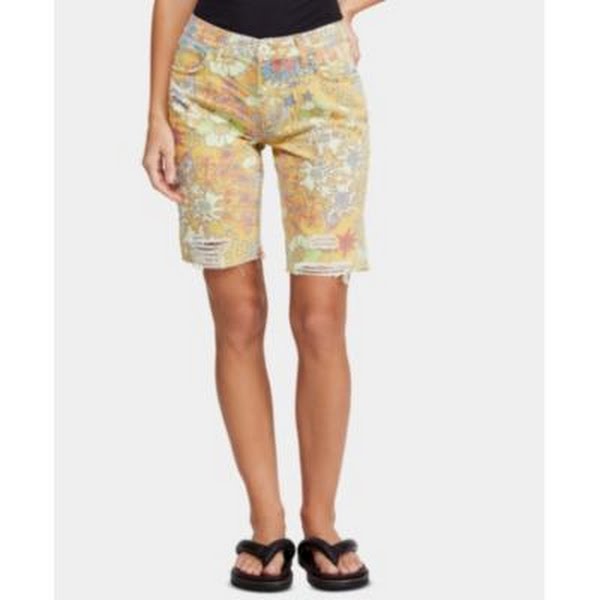 Free People Alani Printed Ripped Shorts - Yellow Combo, Size 24