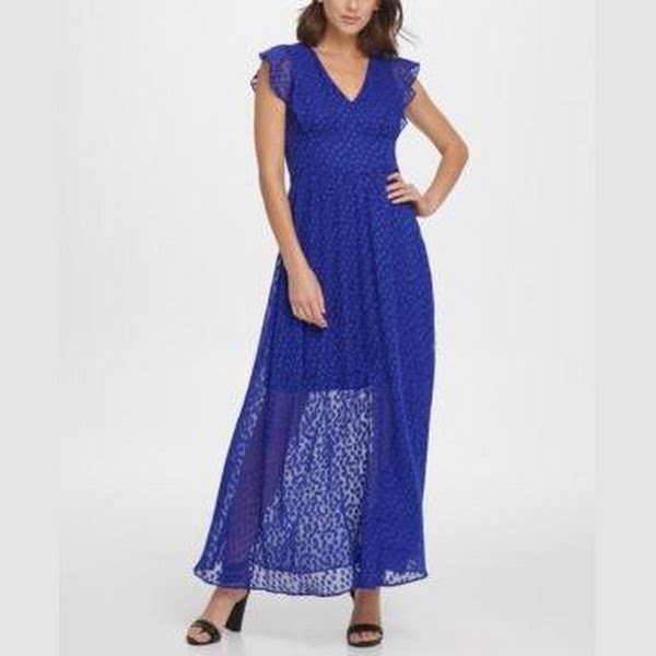 Dkny V-Neck Ruffle Cap Sleeve Maxi Dress, Size 8